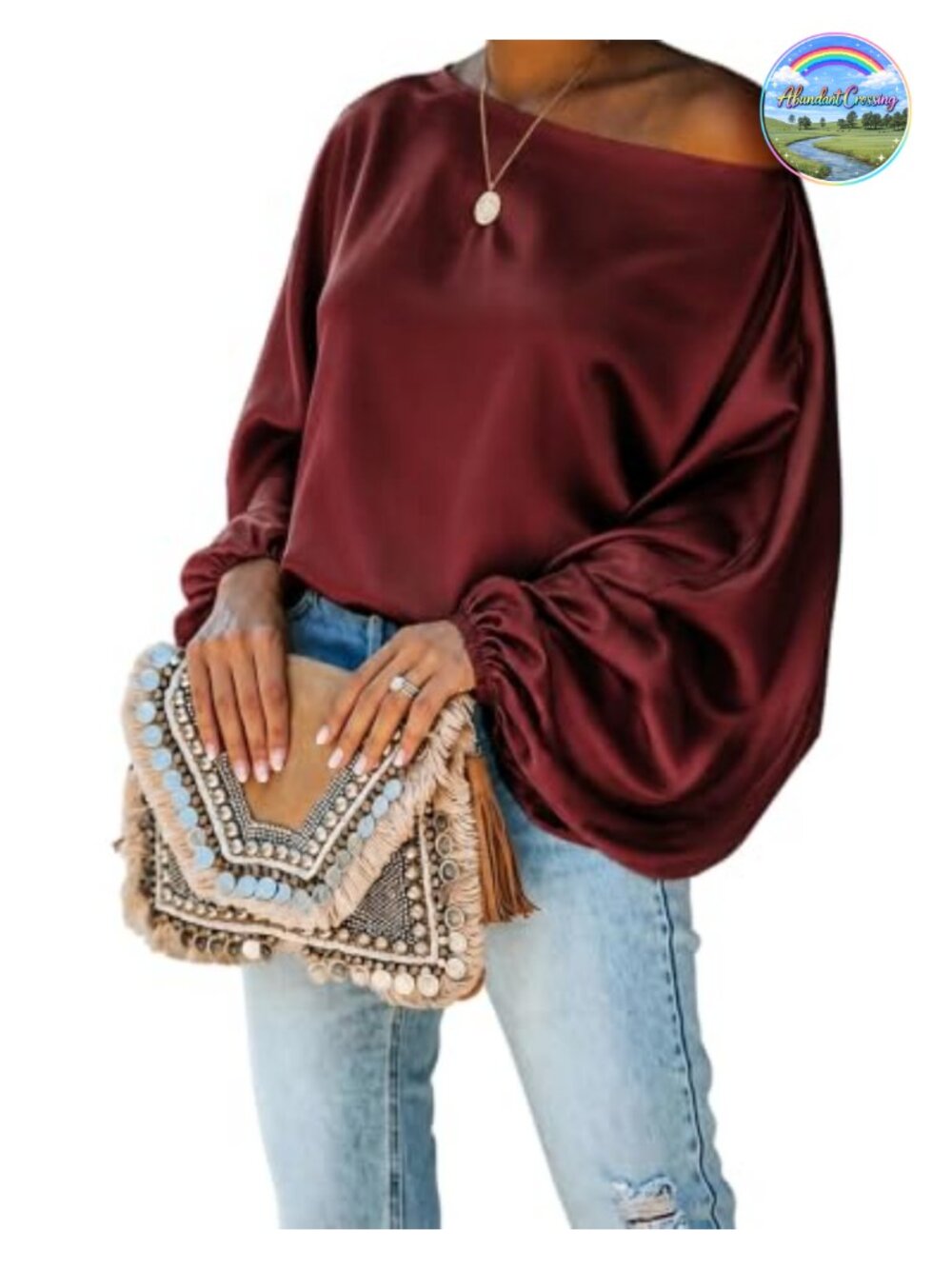 Satin Off Shoulder Top Skew Neck Lantern Sleeve Blouse